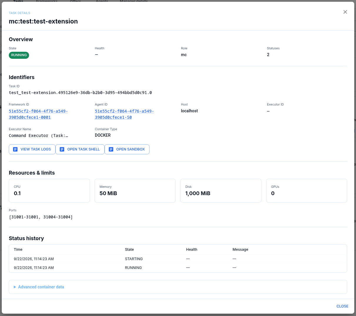ClusterD Docker Desktop Extension task detail view